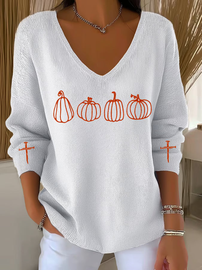 Women's Pumpkin Faith Print Casual Striped Fabric Long Sleeve T-Shirt