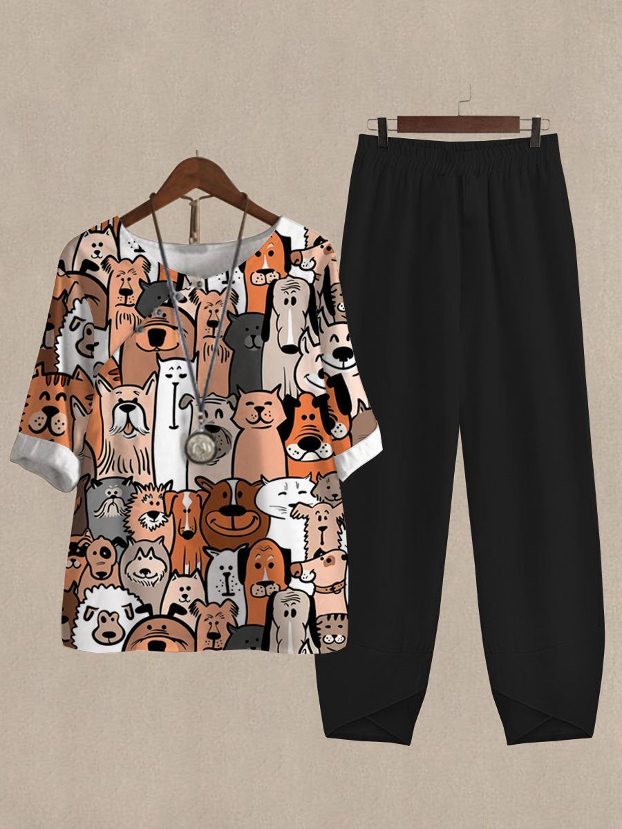 Cartoon Multicolor Cute Puppy Print Casual Two Piece Suits