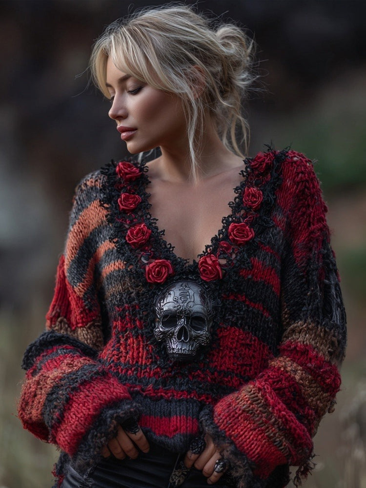 Vintage Skull & Roses Embroidered V Neck Cozy Knit Sweater