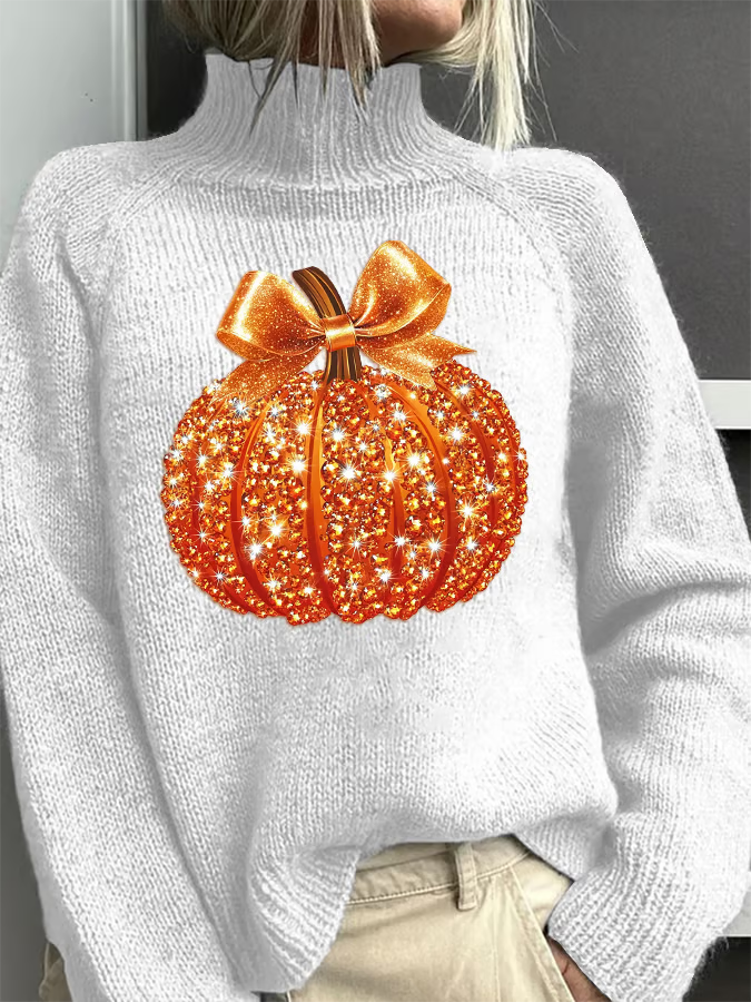 Women's Fall Sequin Pumpkin Turtleneck Sweater