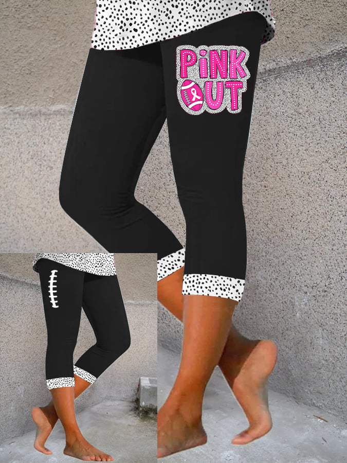 Women's Pink Out Football Breast Cancer Printed Cropped Yoga Leggings