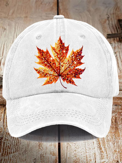Sequined Pumpkin Maple Leaf Print Hat