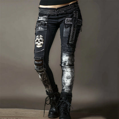Rock Skull Cross Studded Patchwork Washed Comfy Leggings