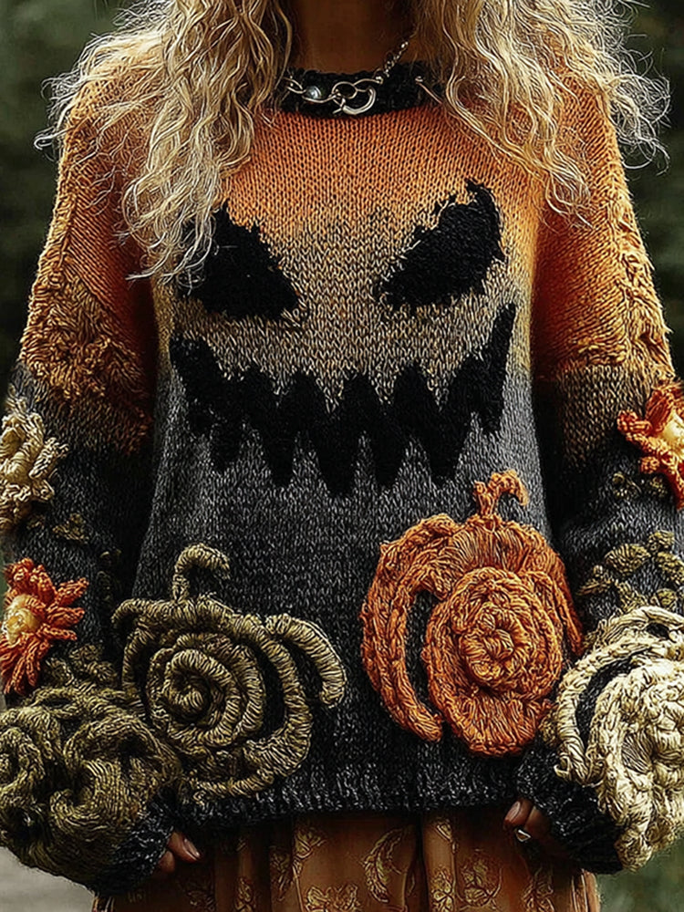 Halloween Pumpkin Evil Face Art Cozy Knit Sweater