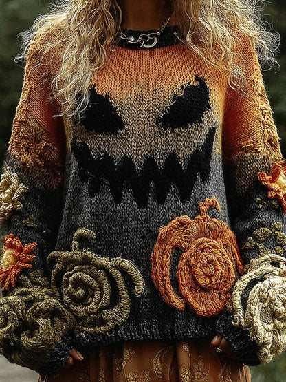 Halloween Pumpkin Evil Face Art Cozy Knit Sweater