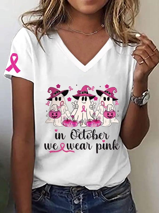 Women's Breast Cancer Awareness In October We Wear Pink Pumpkins and Ghost Pink Ribbon Print T-Shirt