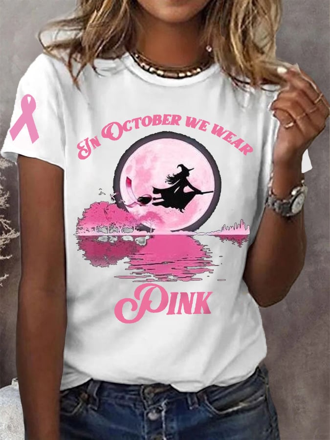 Women's In October We Wear Pink Halloween Witch Breast Cancer Awareness Warrior Tee