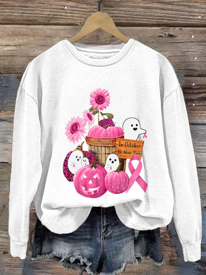 Breast Cancer Awareness Ghost  In October We Wear Pink Print Sweatshirt