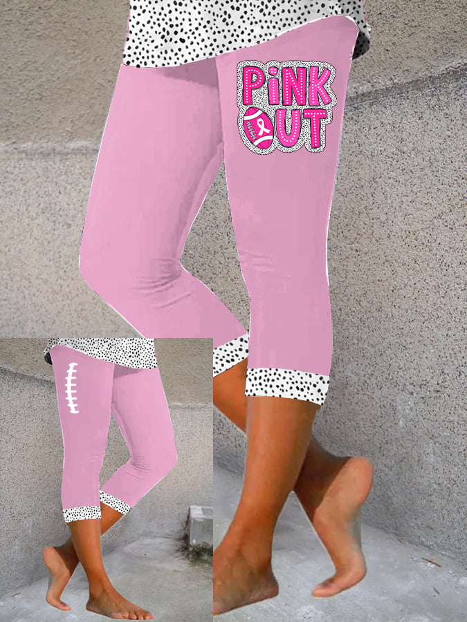 Women's Pink Out Football Breast Cancer Printed Cropped Yoga Leggings