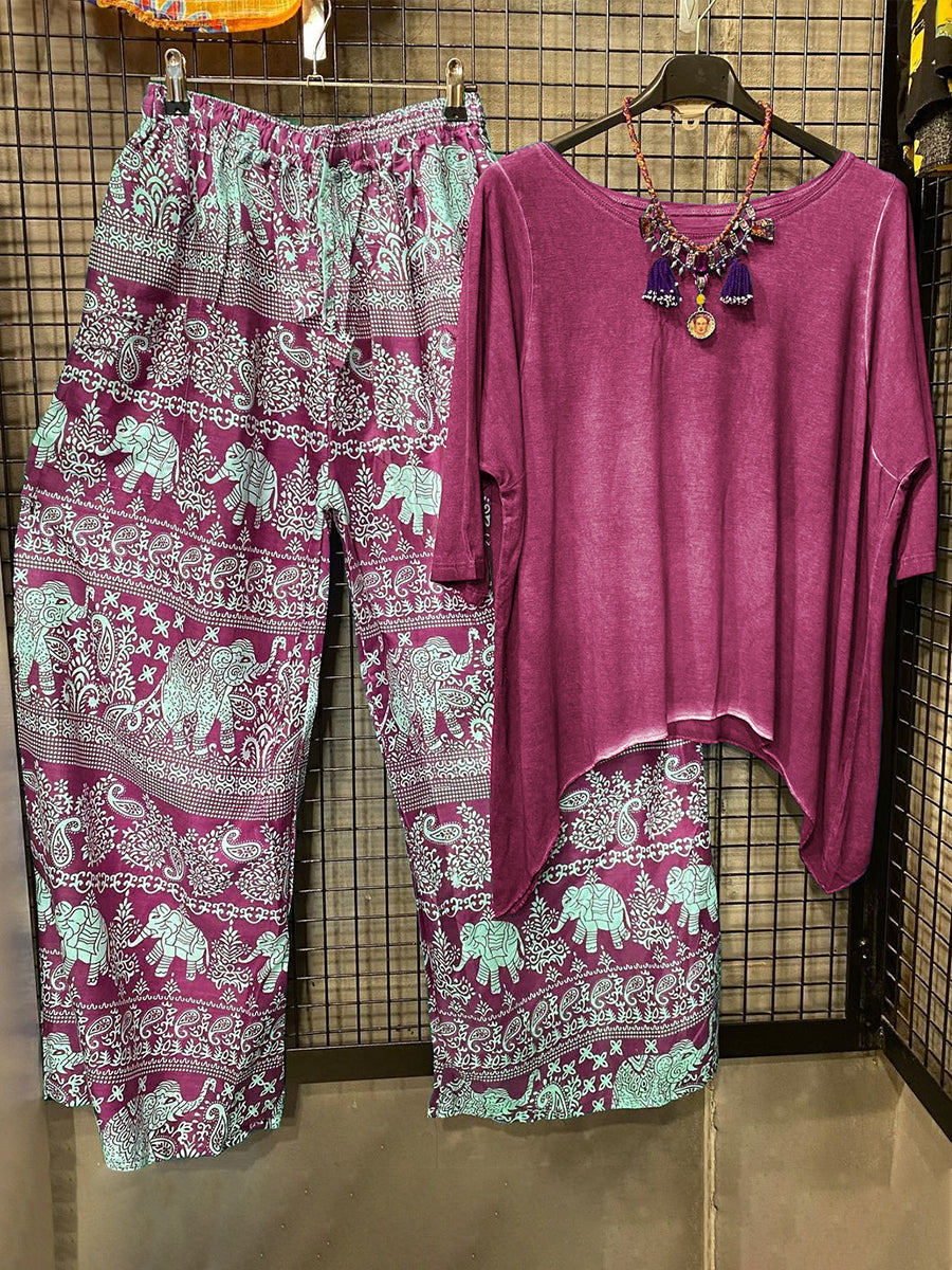 Short Sleeve Casual Top With Printed Pants Two-piece Set
