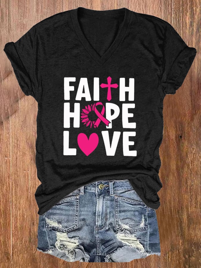 Women'S Breast Cancer Awareness Faith Hope Love Printed T-Shirt