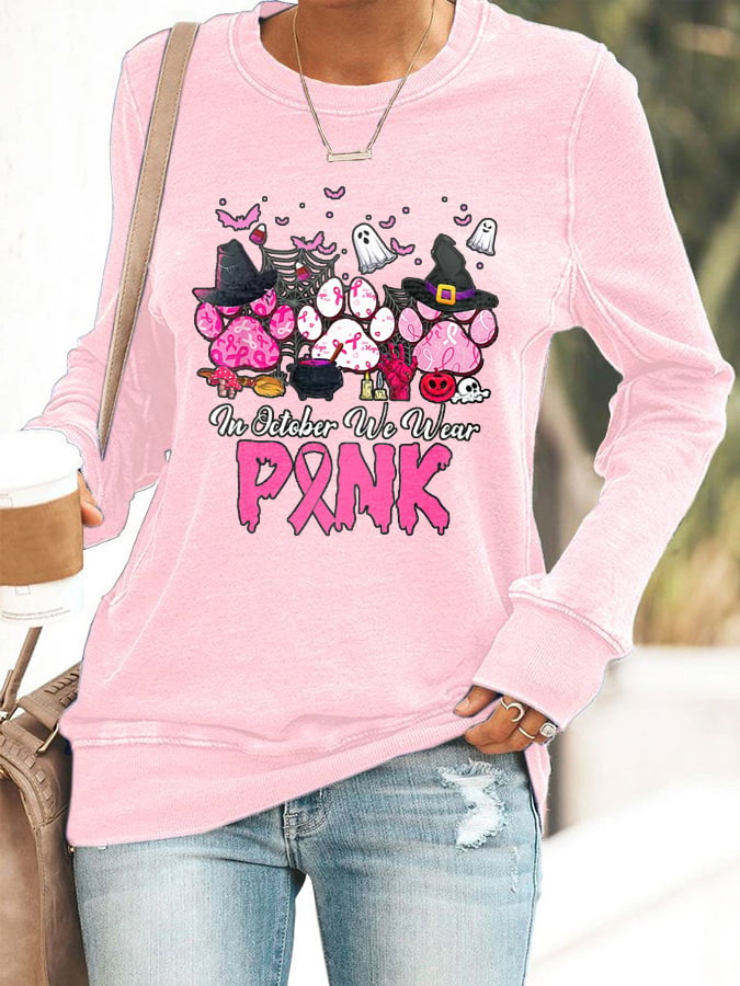 Women's In October We Wear Pink Breast Cancer Awareness Print Casual Sweatshirt
