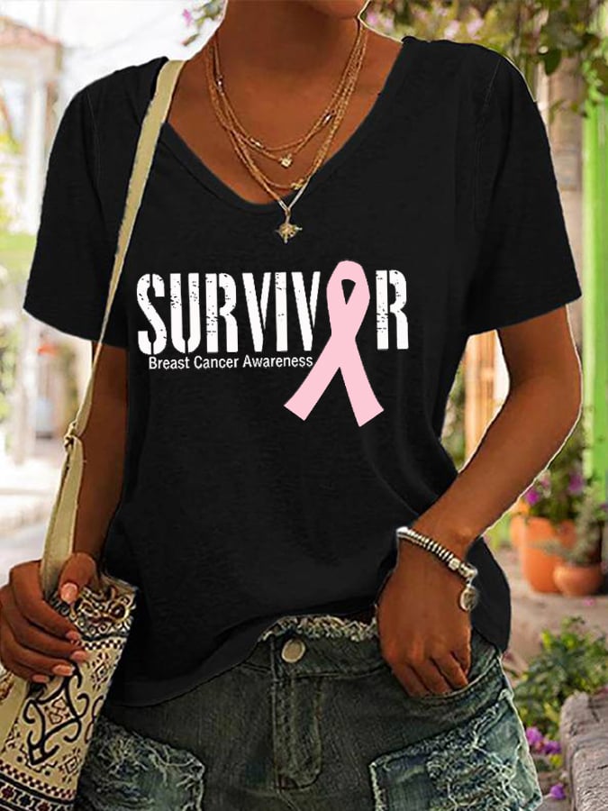 Women's Breast Cancer SURVIVOR Ribbon Print T-Shirt