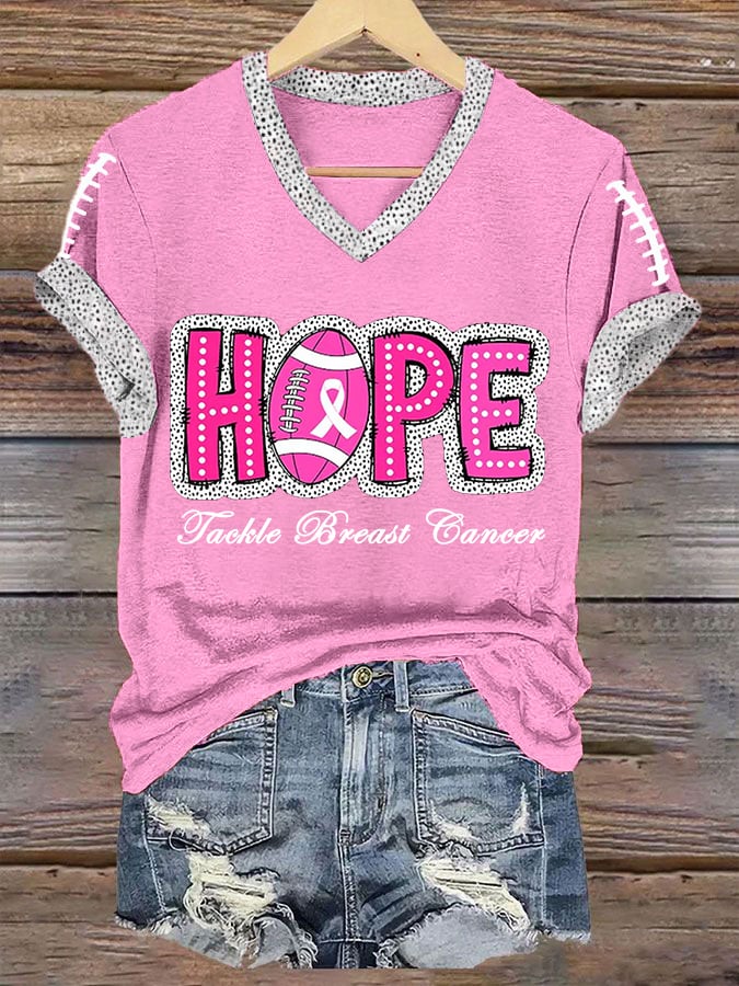 Women's Hope Tackle Breast Cancer Football Gameday V-Neck Tee