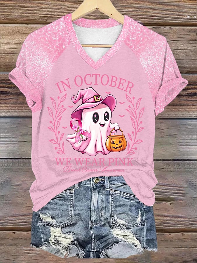 Women's In October We Wear Pink Halloween Ghost Breast Cancer Awareness Warrior Glitter Print V-Neck Tee