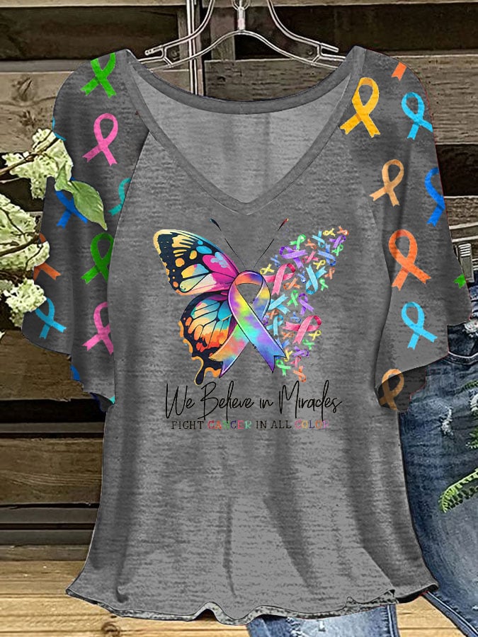 Women's Fight Cancer In All Colors Ruffle Sleeve T-Shirt