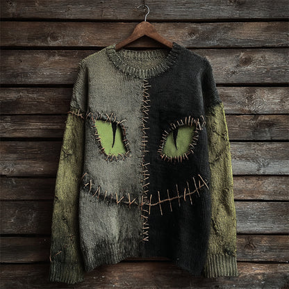 Halloween Black Cat Face Contrast Stitched Cozy Knit Sweater