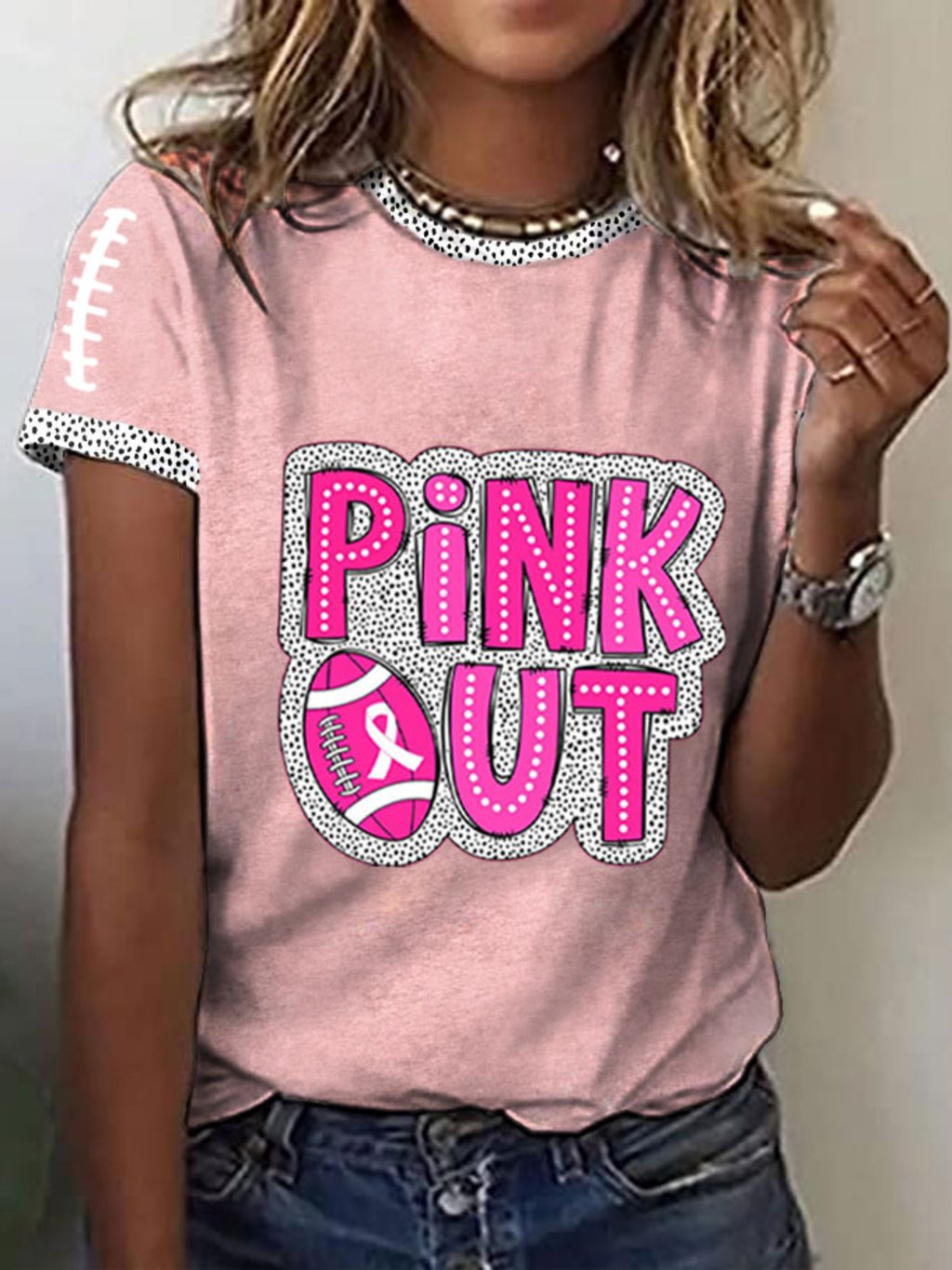 Women's Pink Out Football Breast Cancer Print T-Shirt