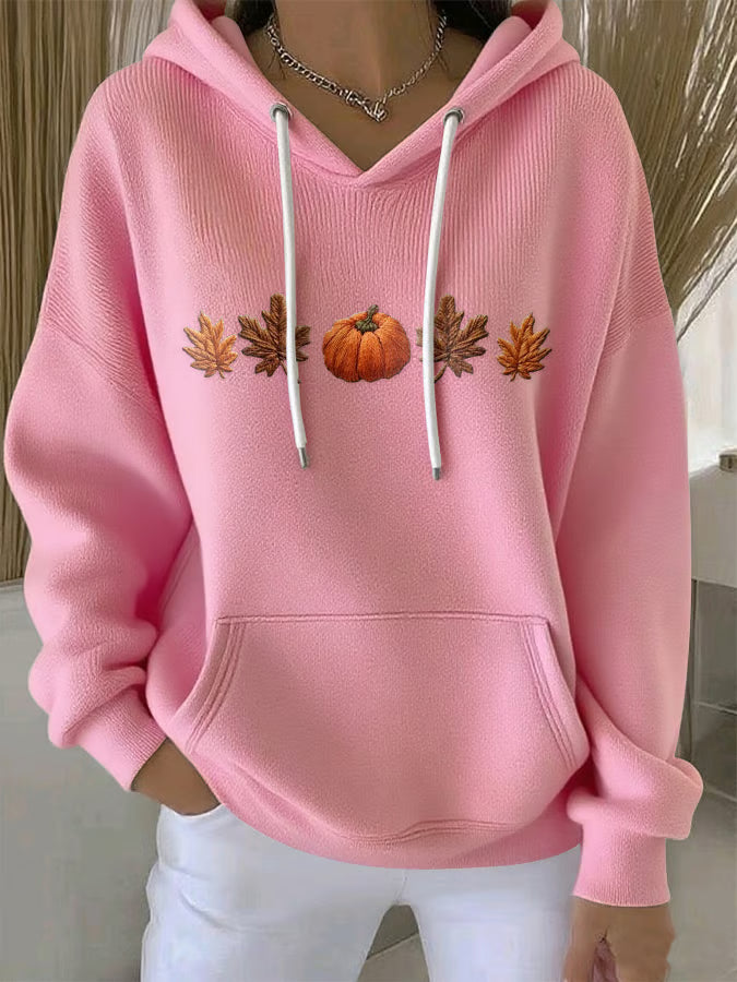 Women's Casual Maple Leaf Pumpkin Autumn Long Sleeve Hoodie