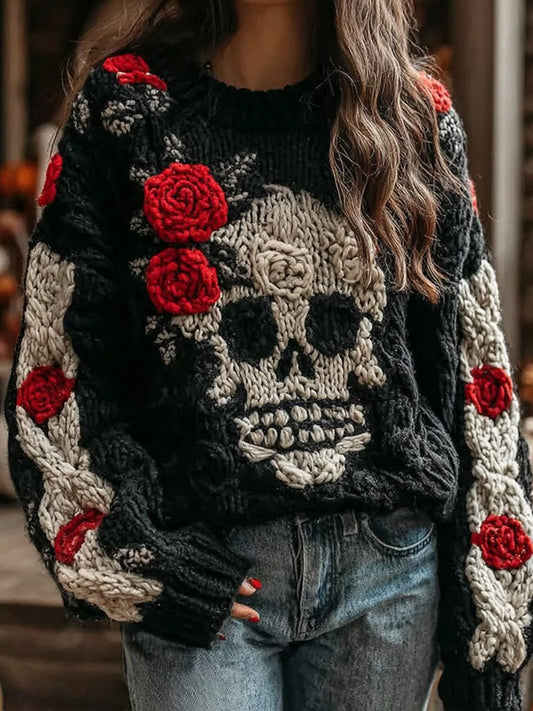 Halloween Skull And Rose Contrast Knitted Cozy Sweater