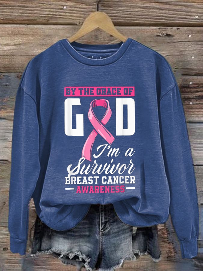 Women's By The Grace God I'm A Survivor Breast Cancer Survivor Crew Neck Sweatshirt