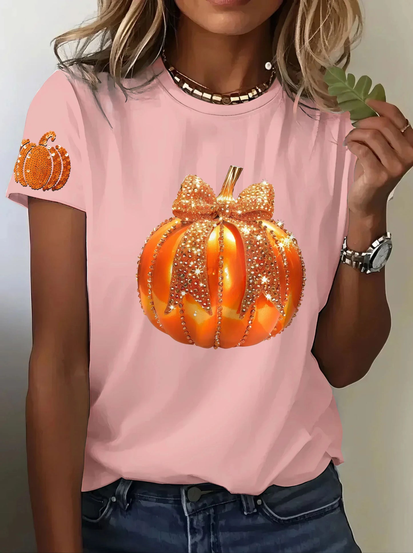 Women's Autumn Sequined Pumpkin Print Crew Neck Short Sleeve T-shirt