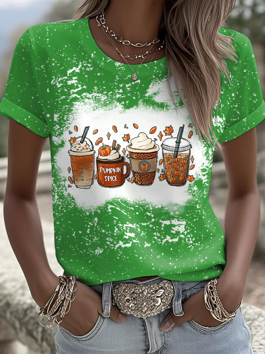 Retro Tie-Dye Fall Pumpkin Spice Latte Pumpkin Maple Leaf Printed Short-Sleeved T-Shirt