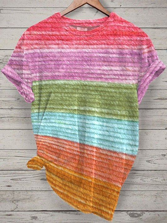 Women's Breast Cancer Colorful Stripe Print Casual T-Shirt