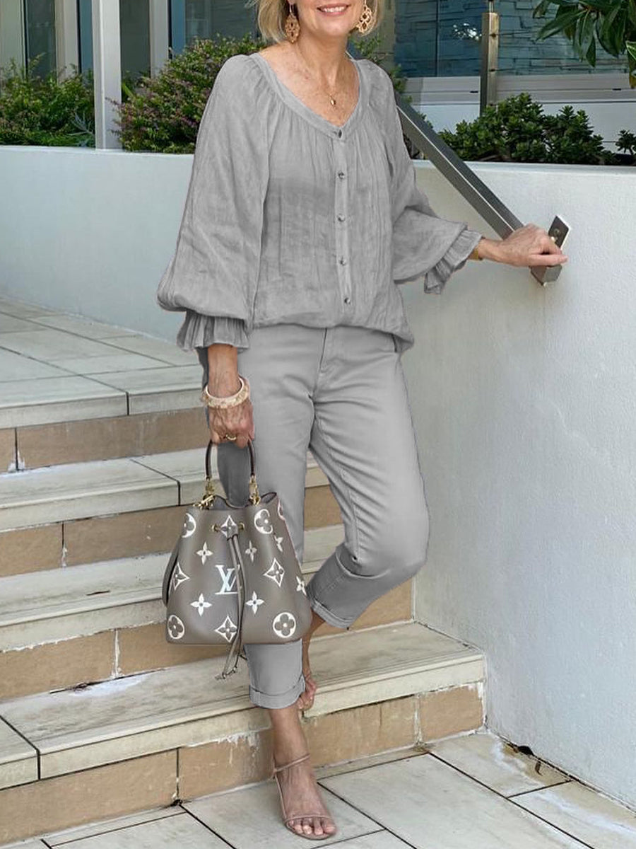 Special Collar Ruffled Sleeves Buttoned Shirt Casual Two-piece Suits