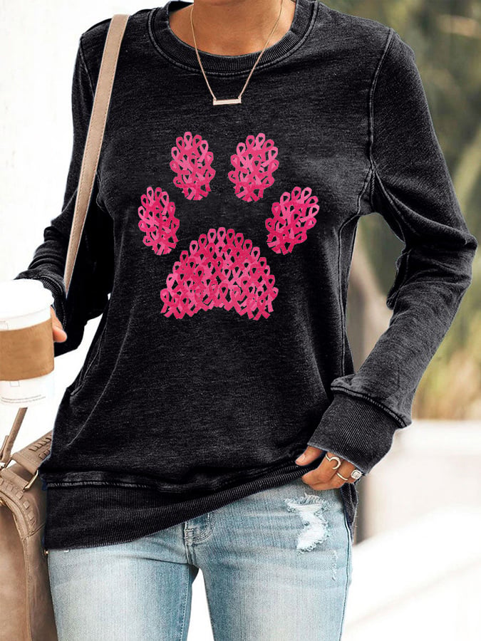 Women's Paws Breast Cancer Awareness Print Casual Sweatshirt