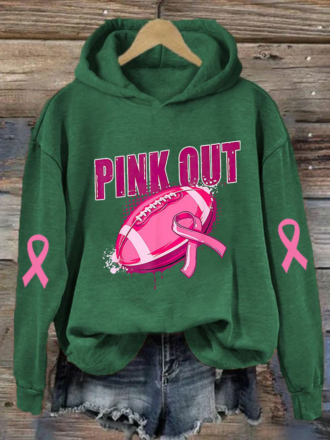 Women's Pink Out Breast Cancer Football Print Casual Hoodie