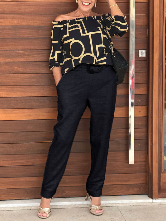 Printed Pocketed One Shoulder Casual Two-piece Suits