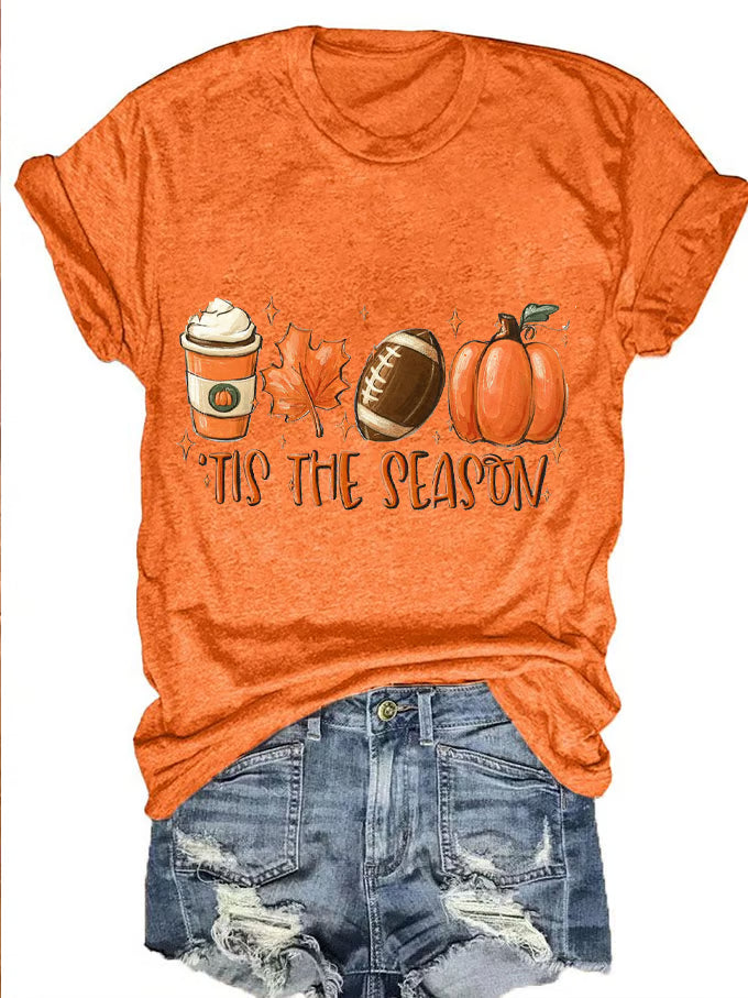 Women's Tis The Season Pumpkin Football Maple Leaf Autumn Print T-Shirt