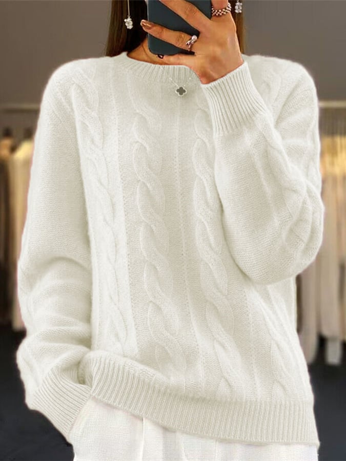 Women's Round Neck Solid Color Retro Twist Pullover Sweater