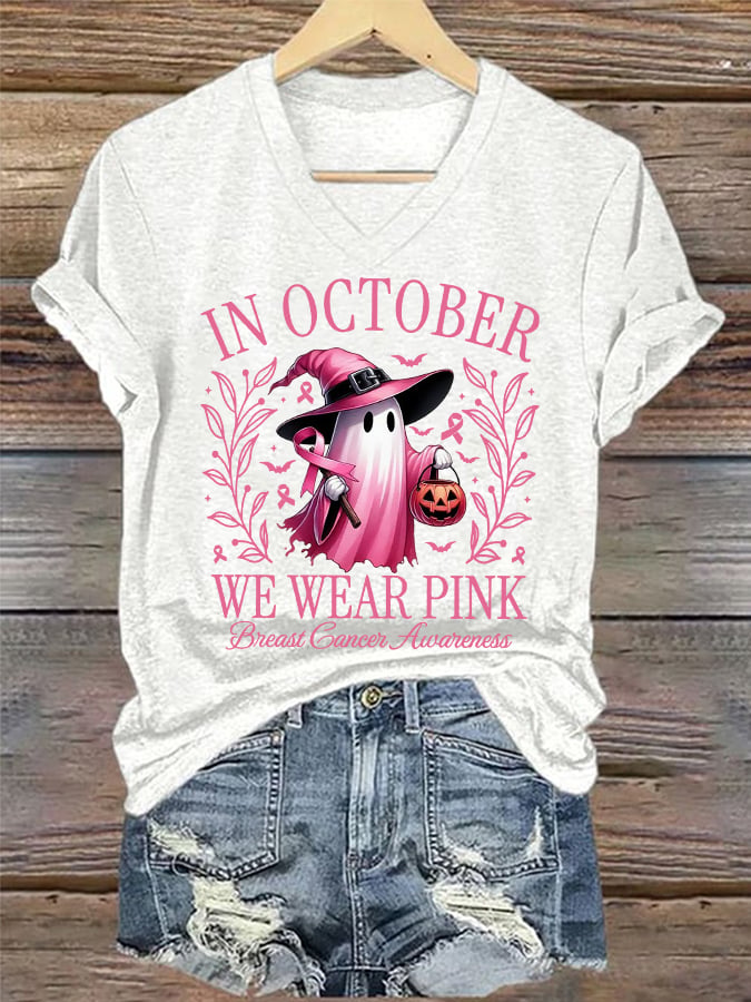 Women's In October We Wear Pink Halloween Ghost Breast Cancer Awareness Warrior V-Neck Tee
