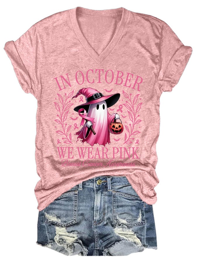 Women's In October We Wear Pink Halloween Ghost Breast Cancer Awareness Warrior V-Neck Tee