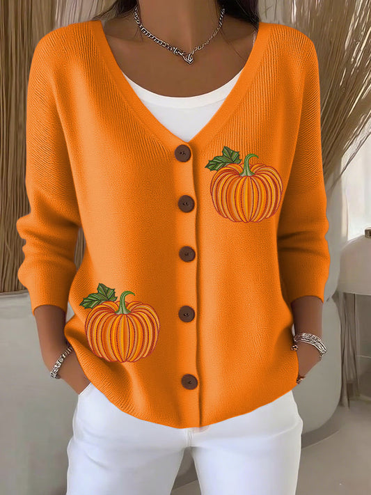 Women's Retro Pumpkin Season Print Cardigan