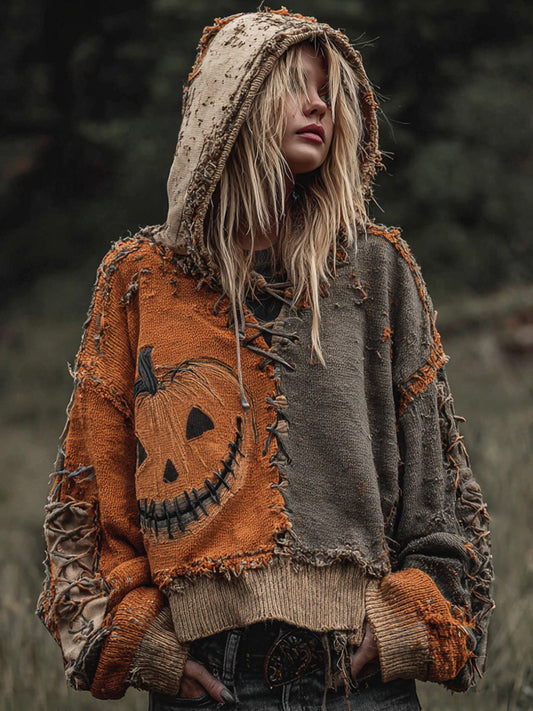 Halloween Pumpkin Face Patchwork Design Cozy Knit Hooded Sweater