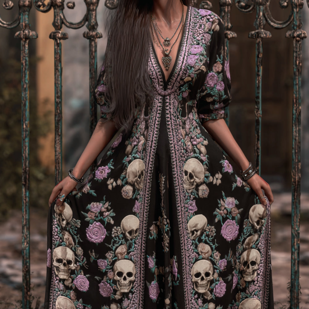 Women's Skull Print Pattern V-neck Long Dress