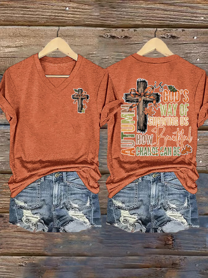 Women's Faith Fall is God's Way Of Showing Us How Beautiful Change Can Be Printed Short Sleeve T-Shirt