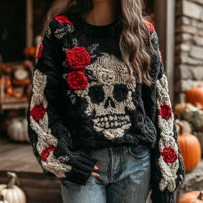 Halloween Skull And Rose Contrast Knitted Cozy Sweater