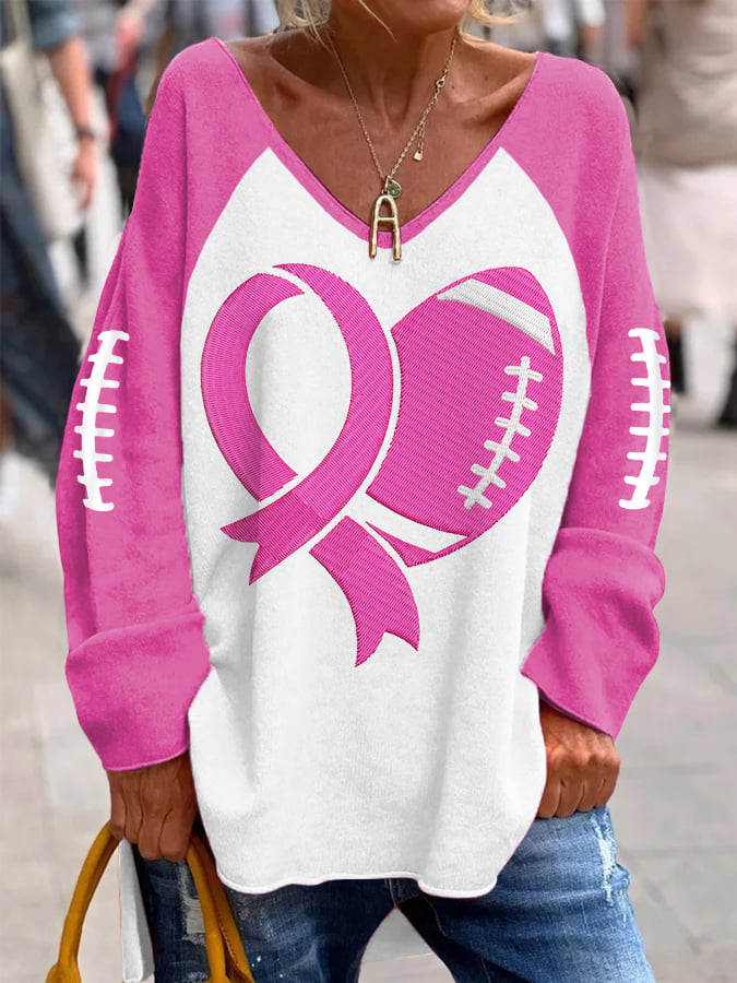 Women's Pink Ribbon Love Heart Football Breast Cancer Awareness Warrior V-Neck Top