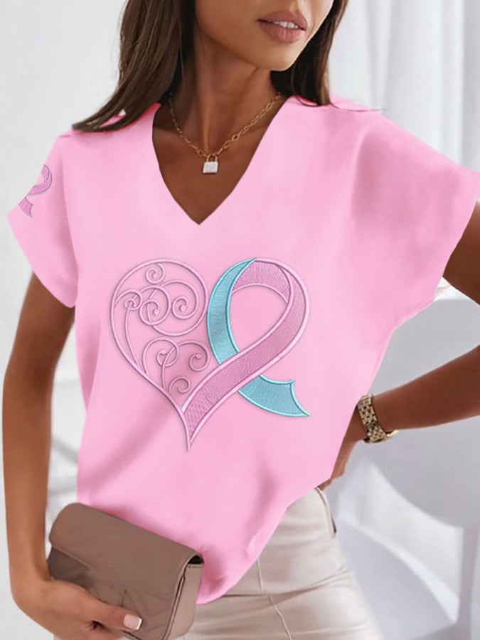 Women's Breast Cancer Print Heart Pink Ribbon Short Sleeve T-Shirt
