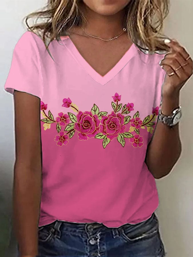 Women's Pink Flowers Print T-Shirt