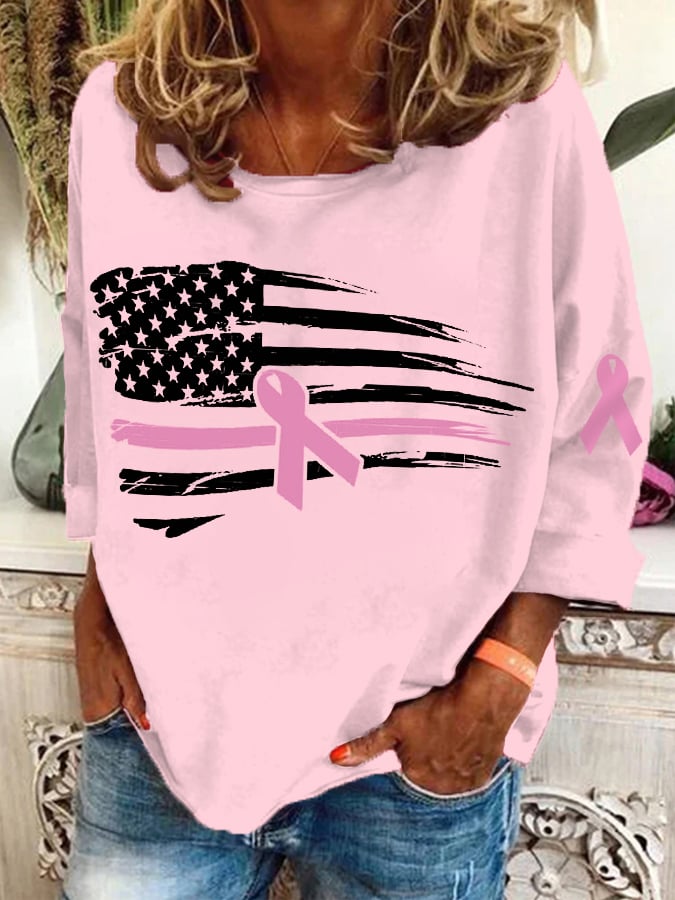 Women's Pink Ribbon Breast Cancer Awareness Warrior American Flag Print Top