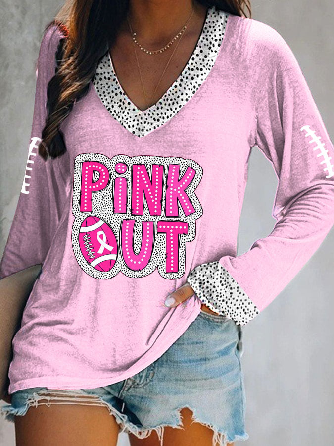 Women's Pink Out Football Breast Cancer Printed V-Neck Long Sleeve Top