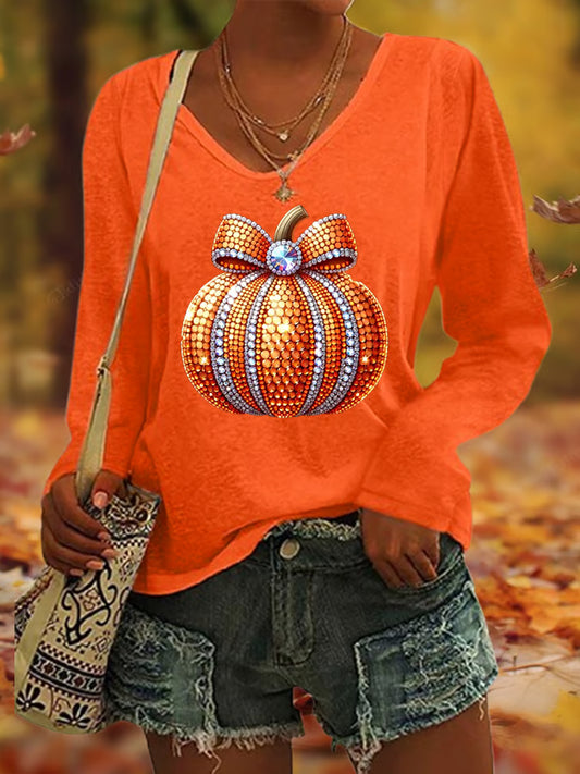 Women's Autumn  Print V-Neck T-Shirt