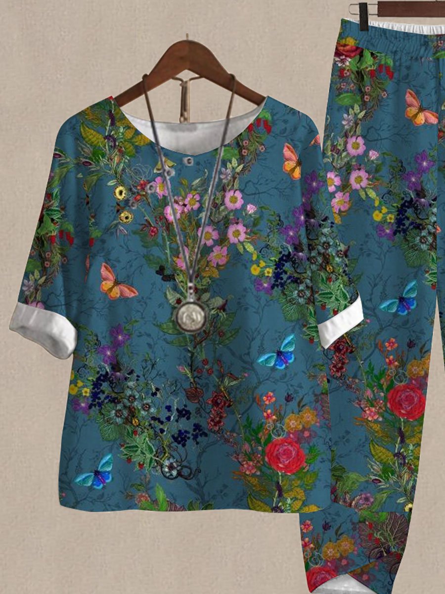 Butterfly Floral Print Top And Pants Two-piece Suits