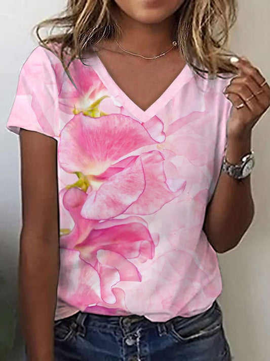 Womens Breast Cancer Awareness Pink Floral Print V Neck Tee