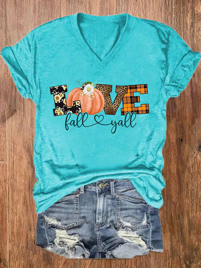 Women's Love Fall Y'all Print V-Neck Tee
